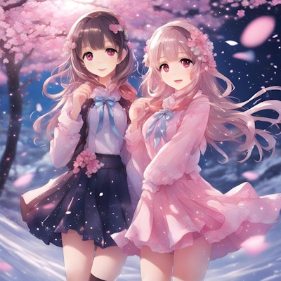 桜の花びらと粉雪の共演