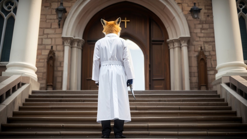 Director Fox in front of the church