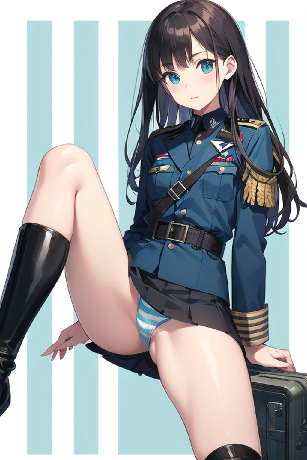 黒髪縞パン軍服少女