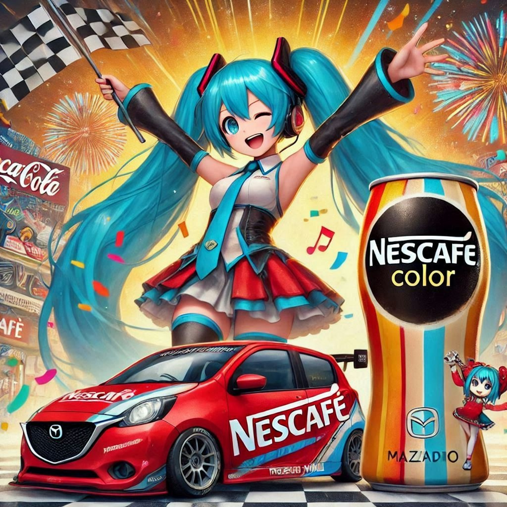 ネスカフェカラーマツダデミオレーシングカーとチアガール初音ミク