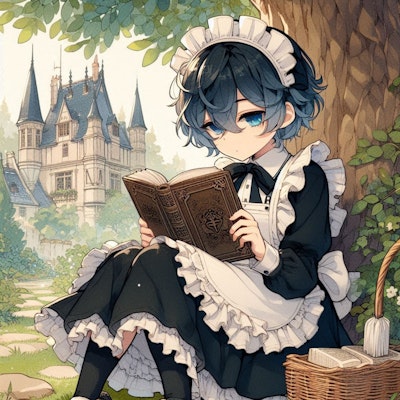 庭で読書をするメイド少年