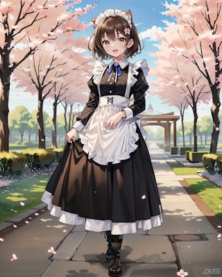 桜を見て回るメイド服が制服の喫茶店で働く猫娘
