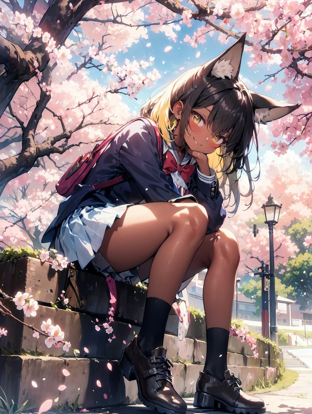 桜と制服狐娘