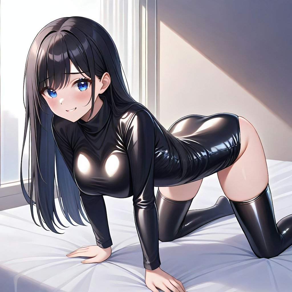 黒エナメルレオタードサイハイソックス四つん這い