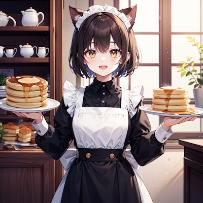 蜂蜜バターのかかったパンケーキを運ぶ喫茶店で働く猫娘
