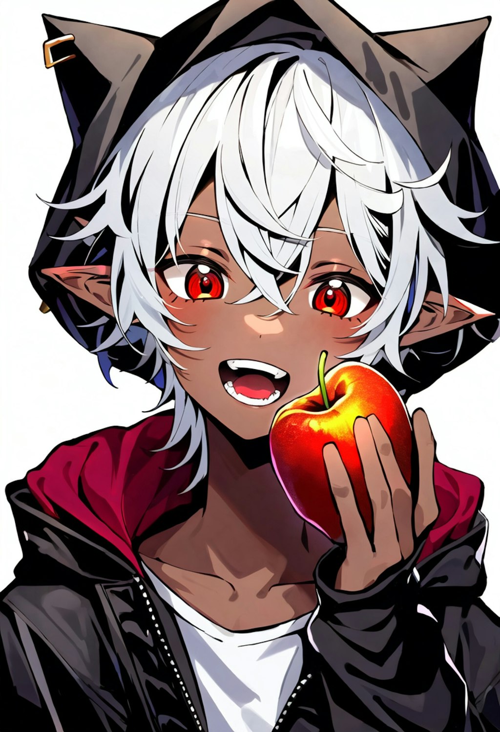 リンゴを食べるダークエルフの男の子