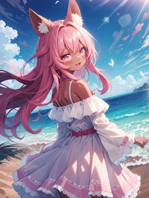 海辺のピンク髪狐娘