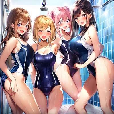 ギュウギュウ詰めのシャワールームで戯れるスク水美少女たち