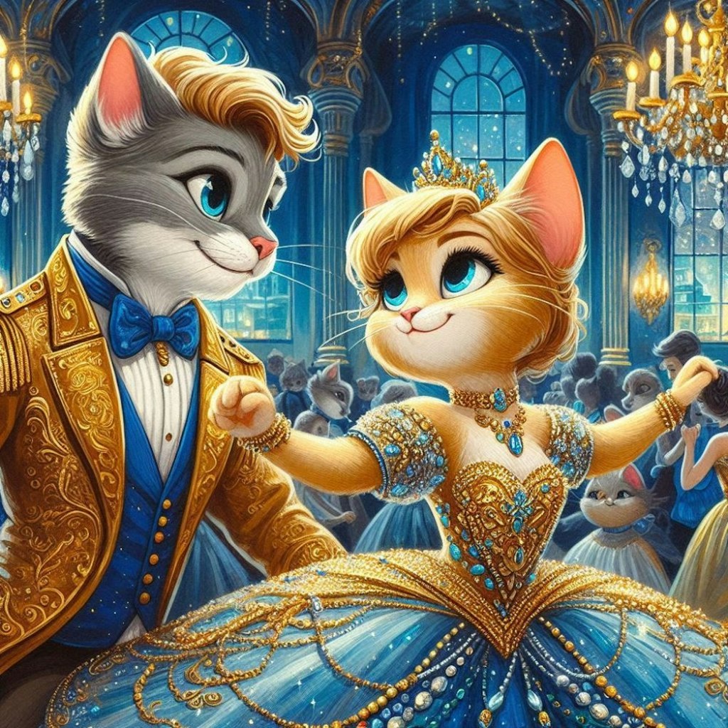 アクリル風 お城のダンスパーティーで王子様と踊るドレスのシンデレラ猫