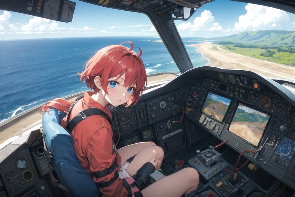 A girl boarding a plane by the sea 1 [failure]