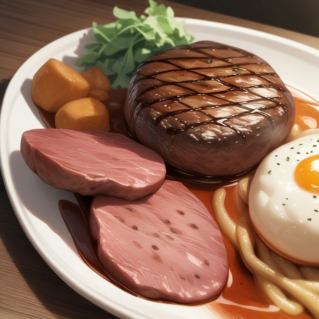 ハンバーグステーキ目玉焼き乗せ厚切りハムとパスタ添え