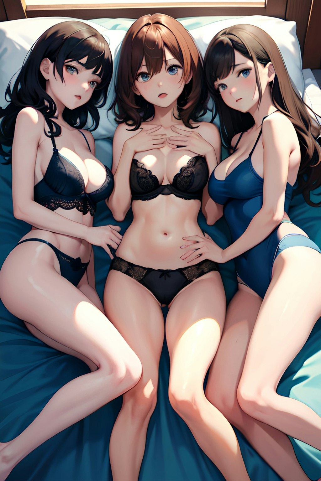 ベッドに横たわるかわいい三つ子の女の子