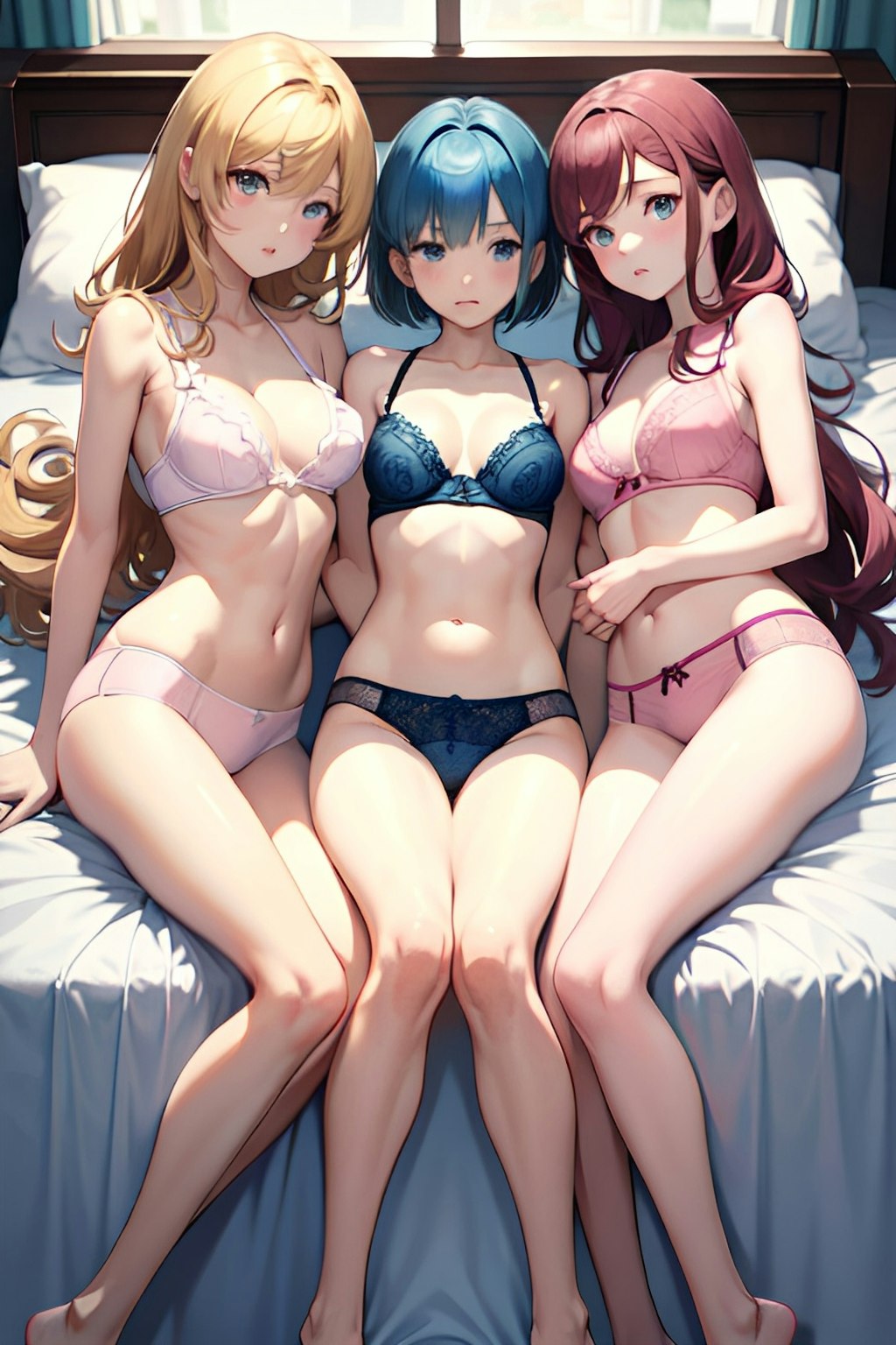 ベッドに横たわるかわいい三つ子の女の子