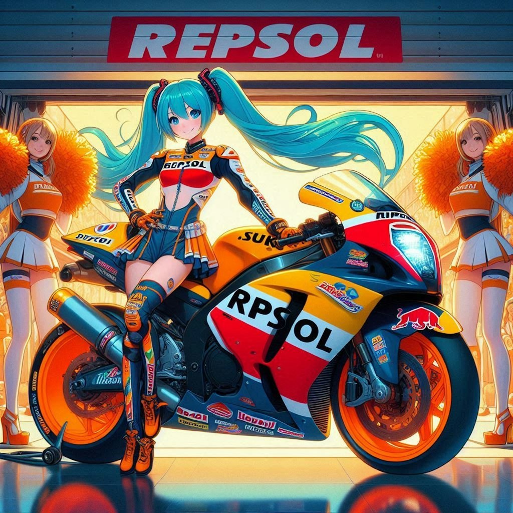 レプソルカラースズキ隼のレーシングバイクとチアガール初音ミク