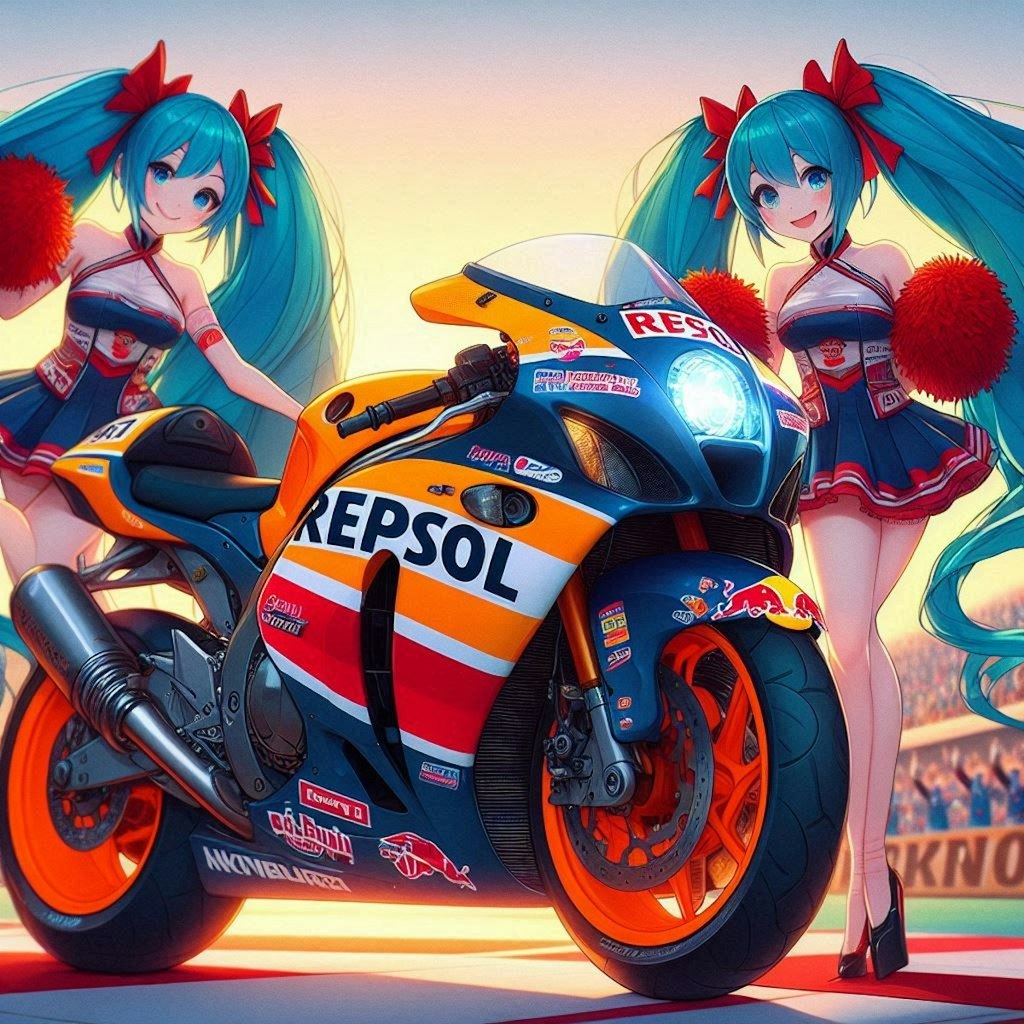 レプソルカラースズキ隼のレーシングバイクとチアガール初音ミク