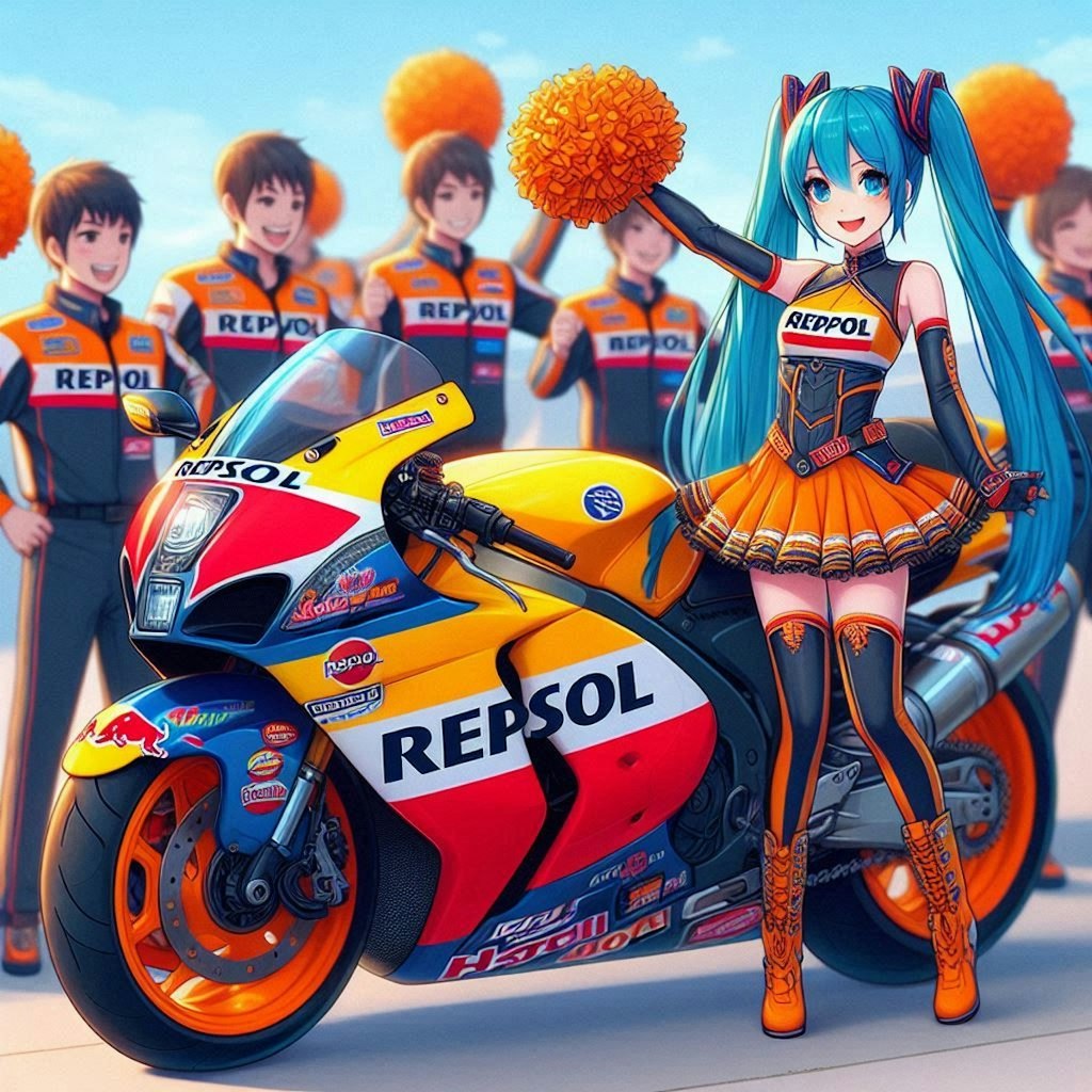 レプソルカラースズキ隼のレーシングバイクとチアガール初音ミク