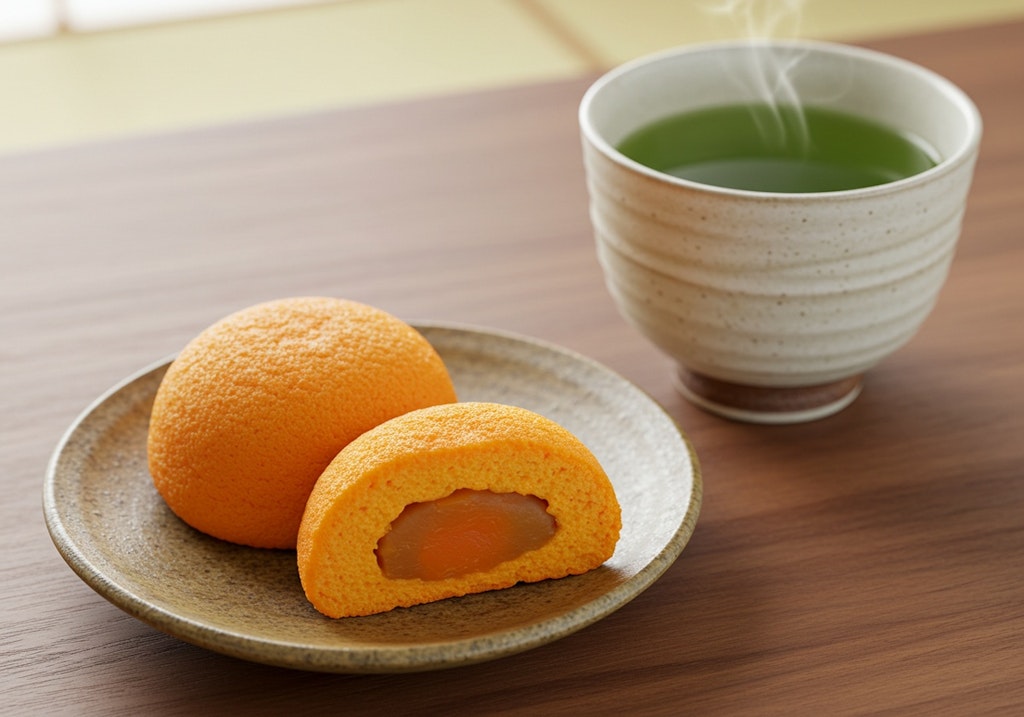 デザートの人参饅頭と御茶のセット