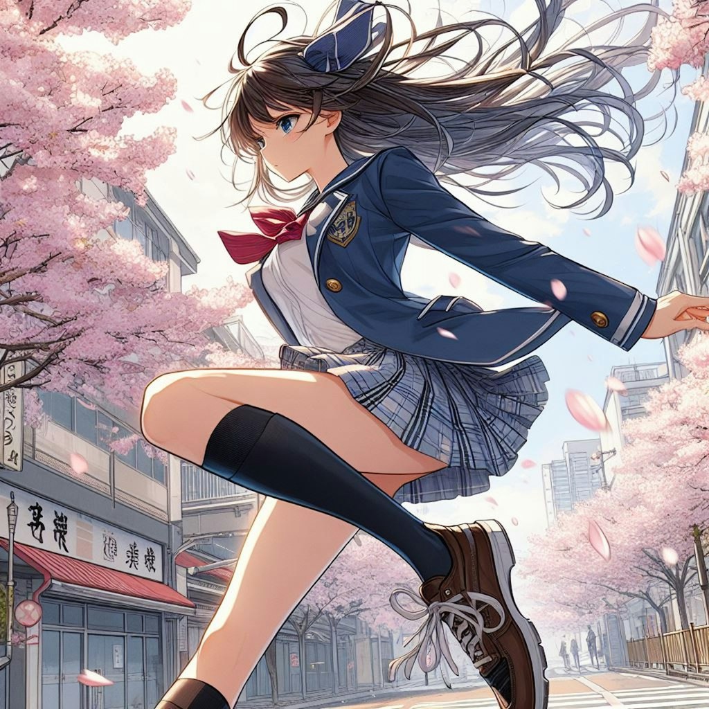 桜の花びらが舞う中を通学する女子高生
