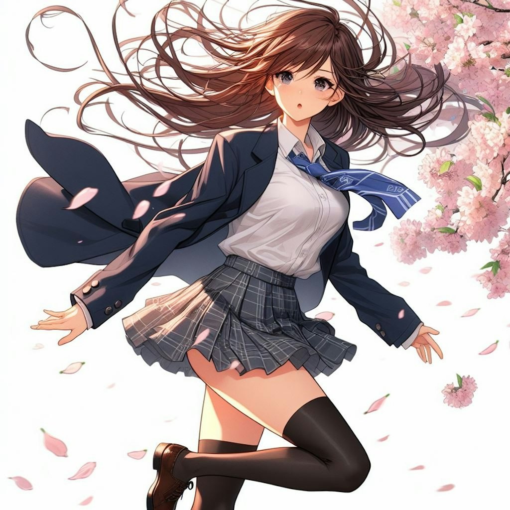 桜の花びらが舞う中を通学する女子高生