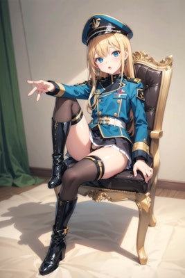 椅子に座る軍服少女
