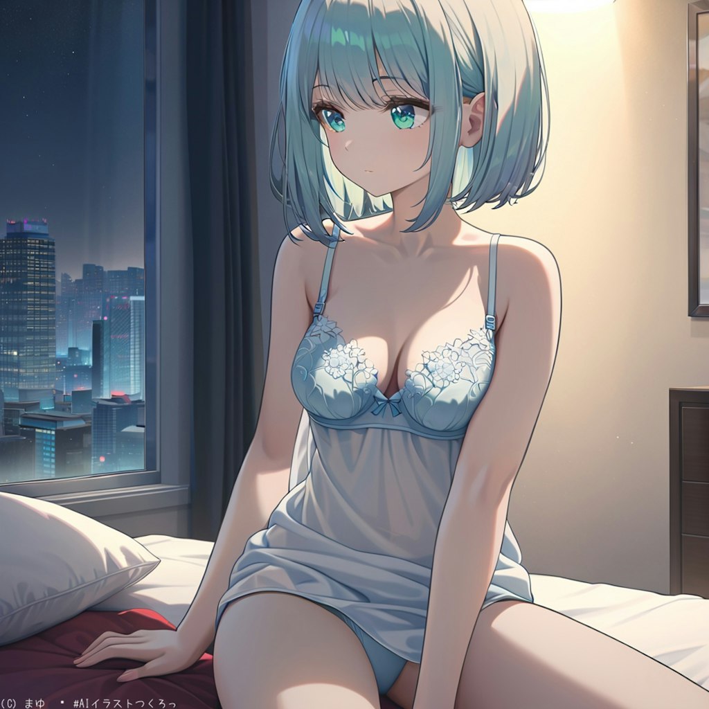 夜のホテル、ベッドで佇む少女