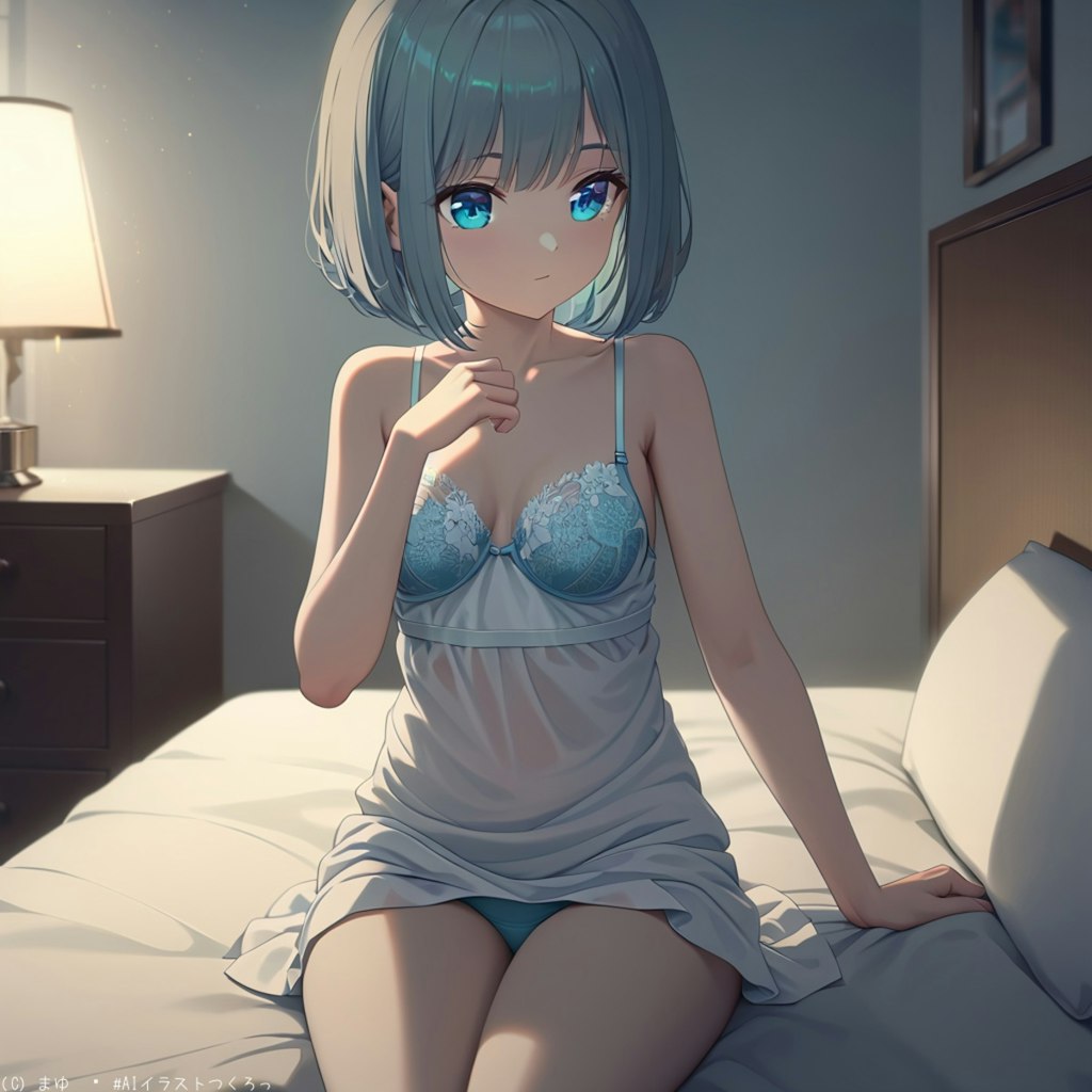 夜のホテル、ベッドで佇む少女