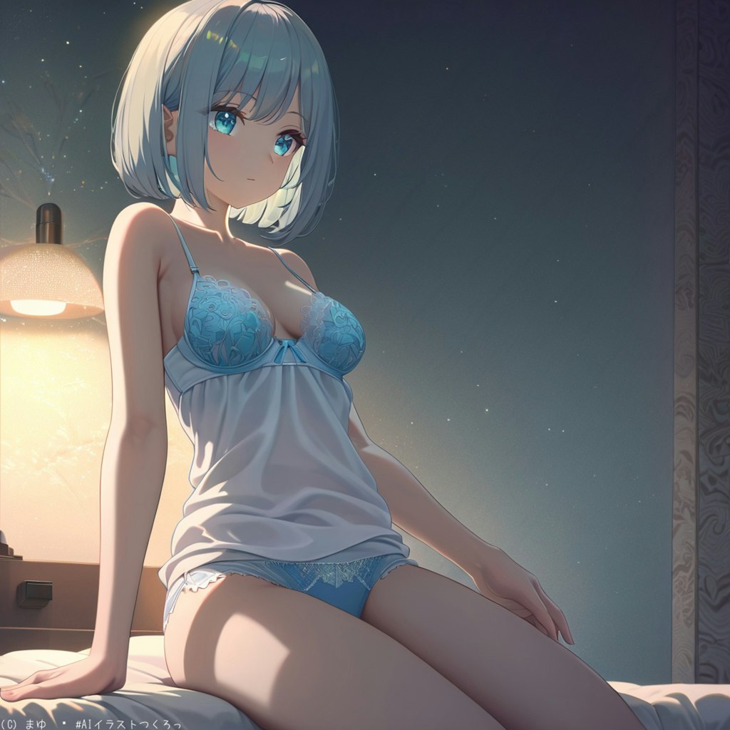 夜のホテル、ベッドで佇む少女
