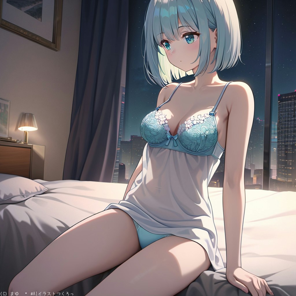 夜のホテル、ベッドで佇む少女