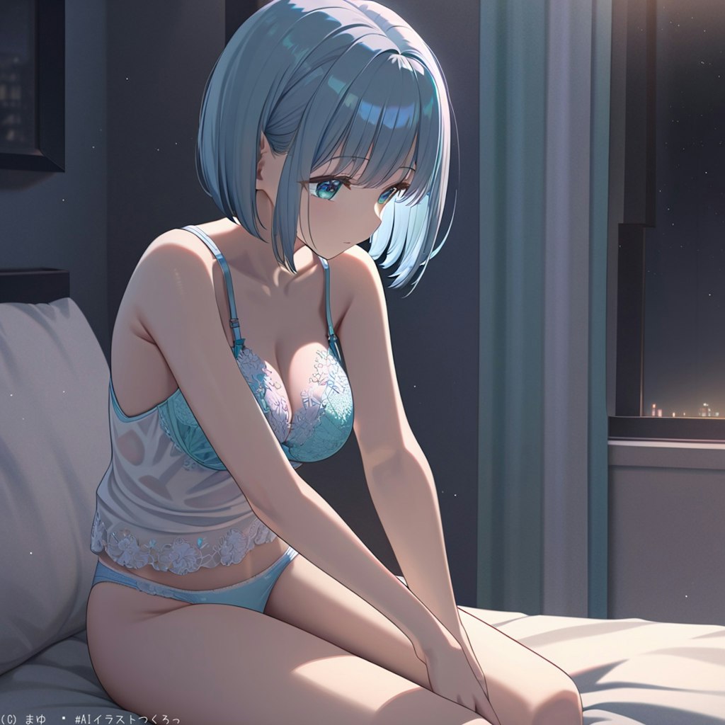 夜のホテル、ベッドで佇む少女