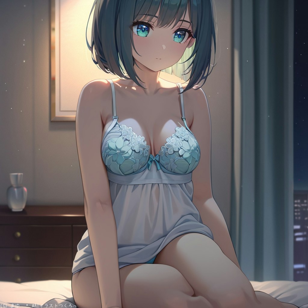 夜のホテル、ベッドで佇む少女