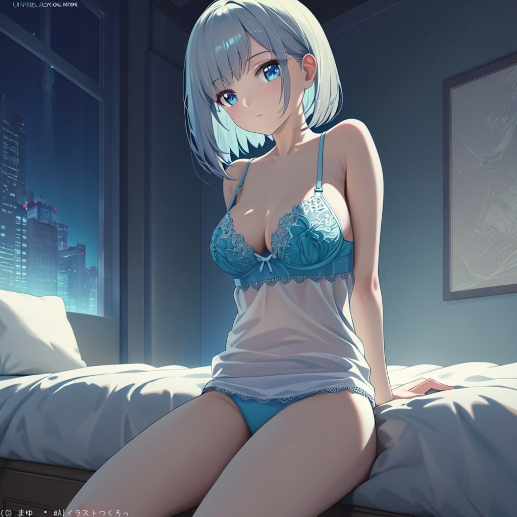 夜のホテル、ベッドで佇む少女