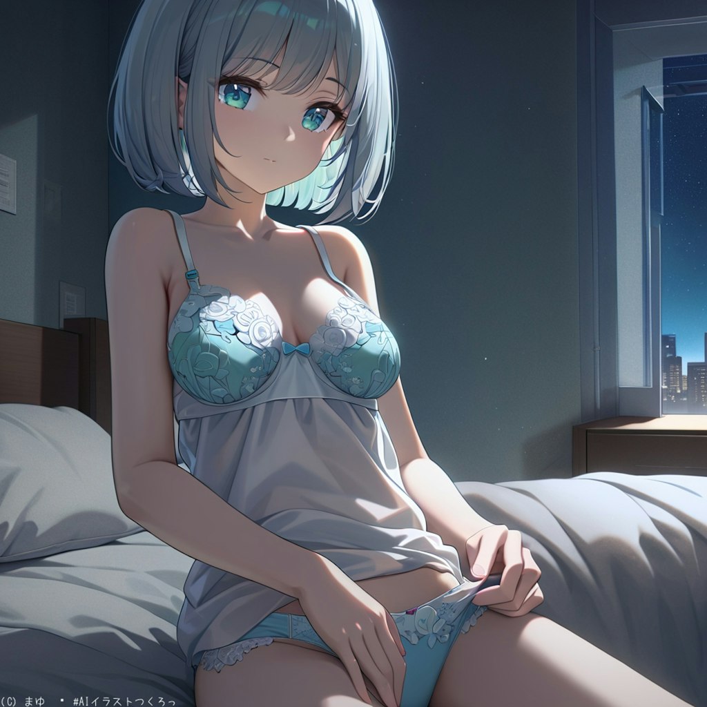 夜のホテル、ベッドで佇む少女