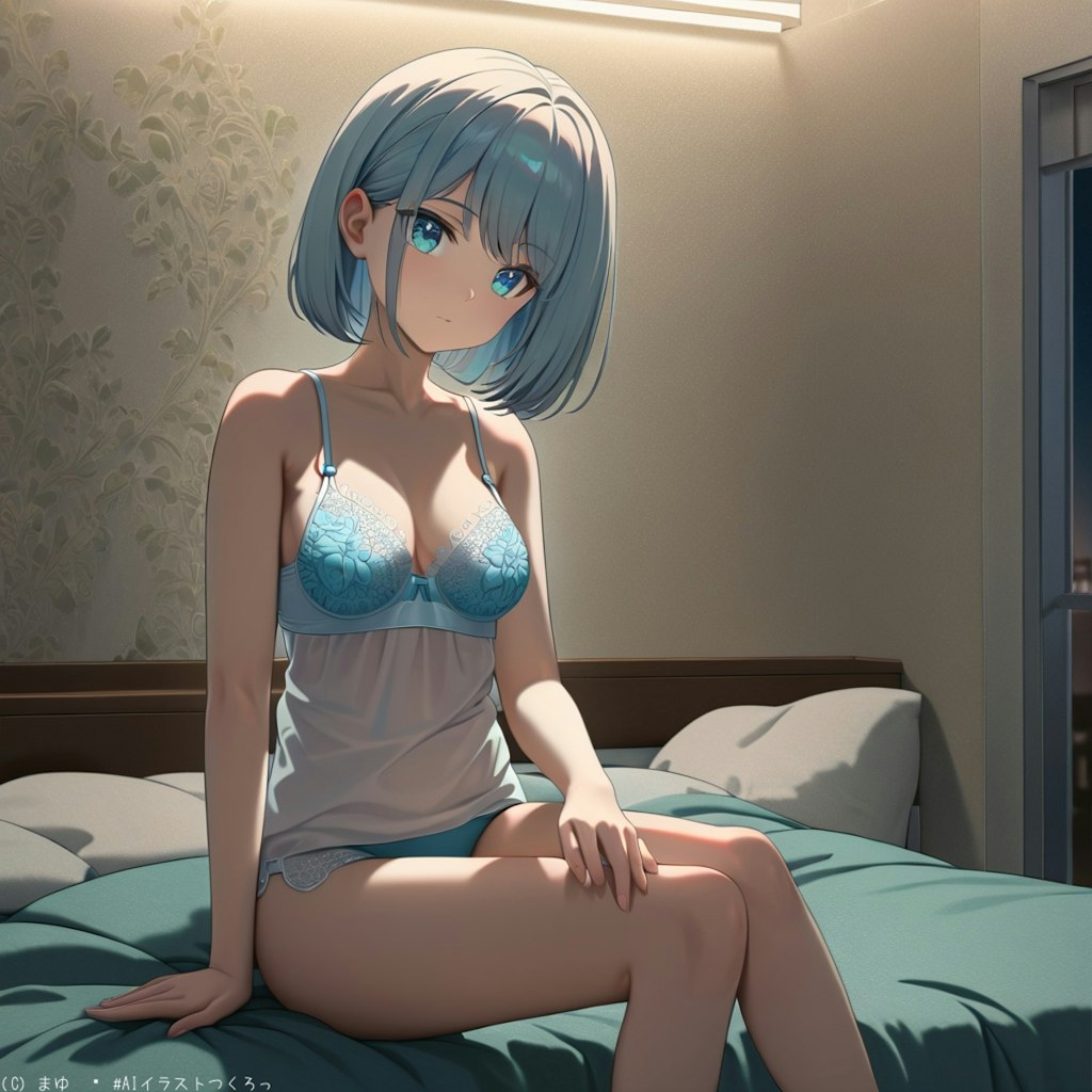 夜のホテル、ベッドで佇む少女