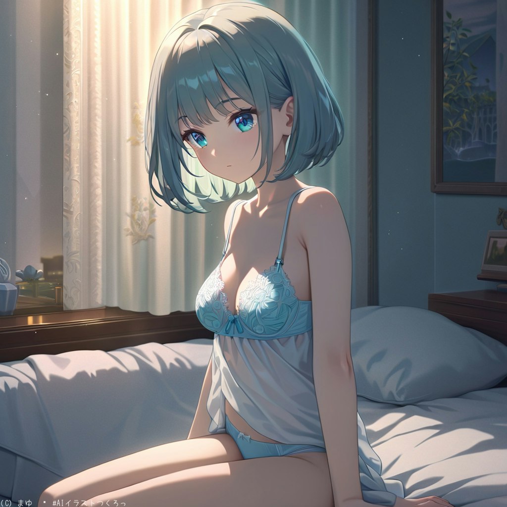夜のホテル、ベッドで佇む少女