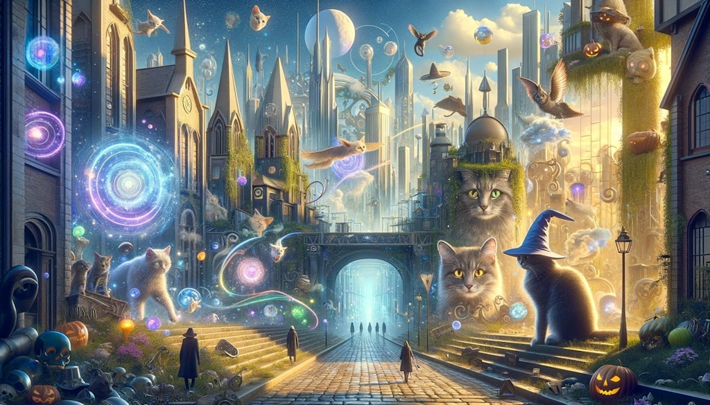 Mystic Paws and Wizard Hats: A Surreal Journey in the Enchanted City.