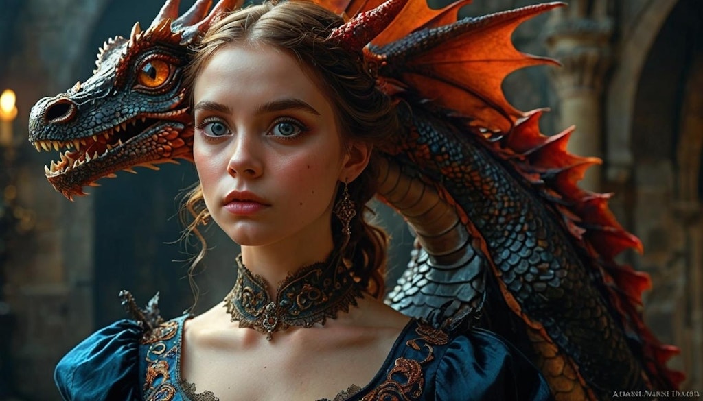 Beautiful girl and pet dragon