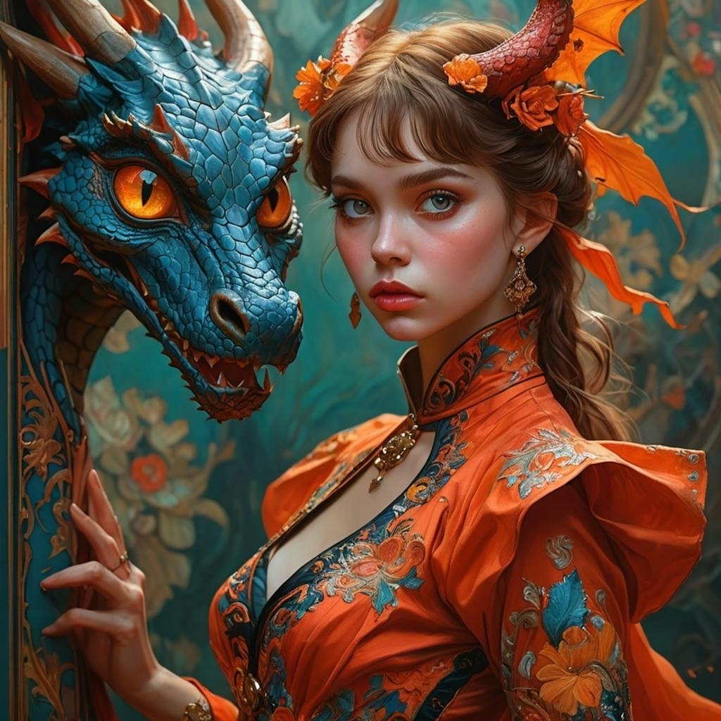 Beautiful girl and pet dragon