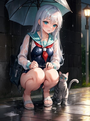 子猫ちゃんと雨宿り。