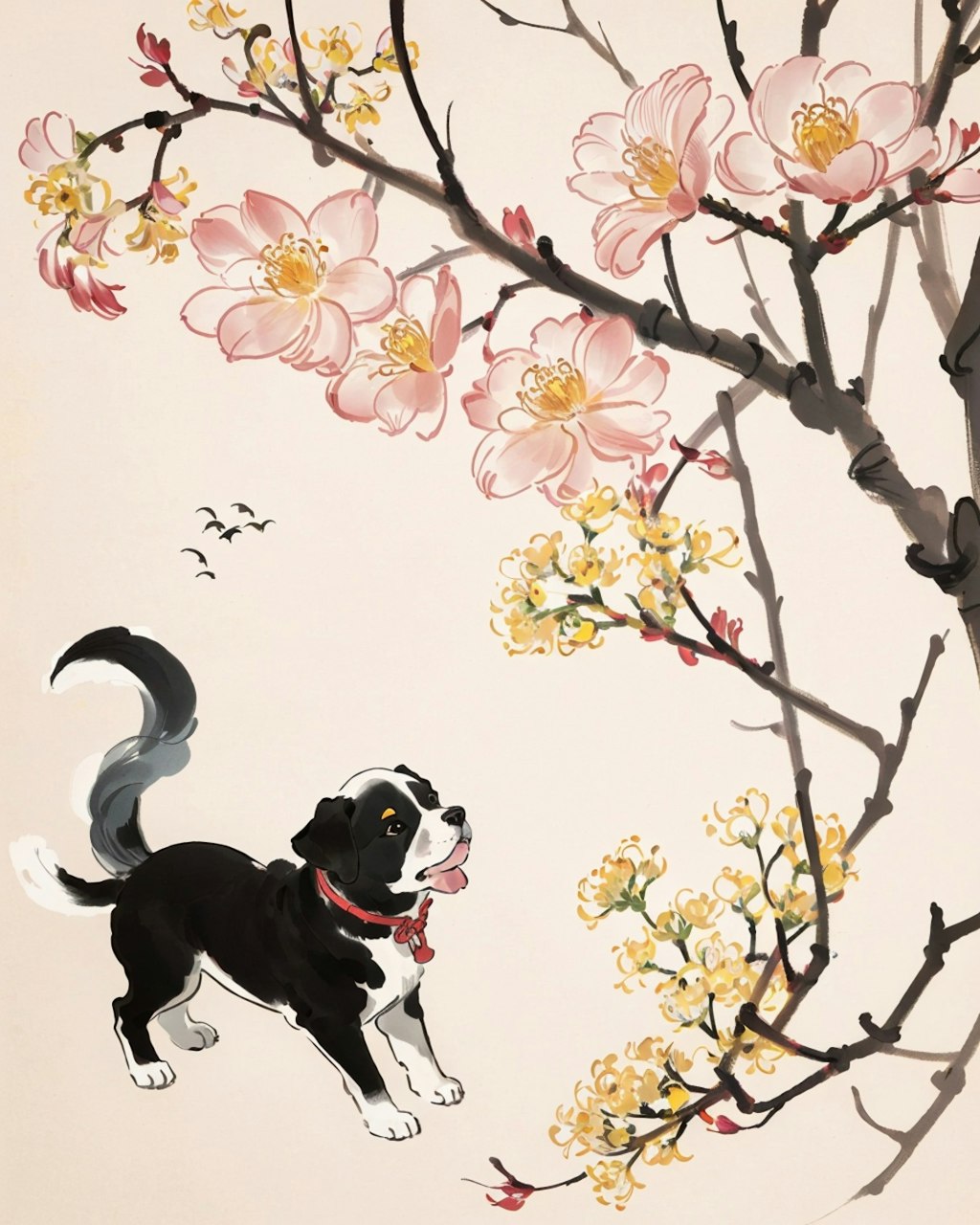 黄色い花下遊ぶの犬 -中国水墨画(斉白石)