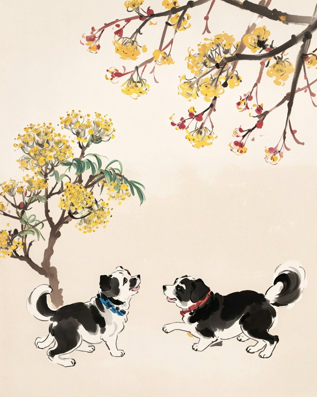 黄色い花下遊ぶの犬 -中国水墨画(斉白石)