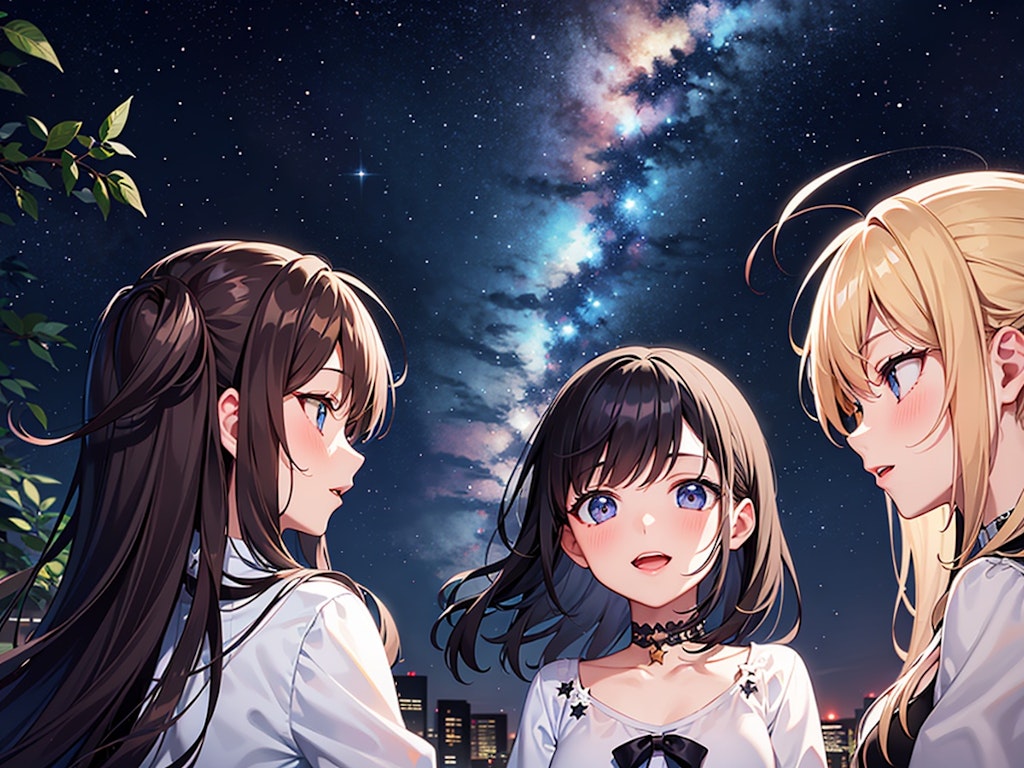 女の子3人と星空