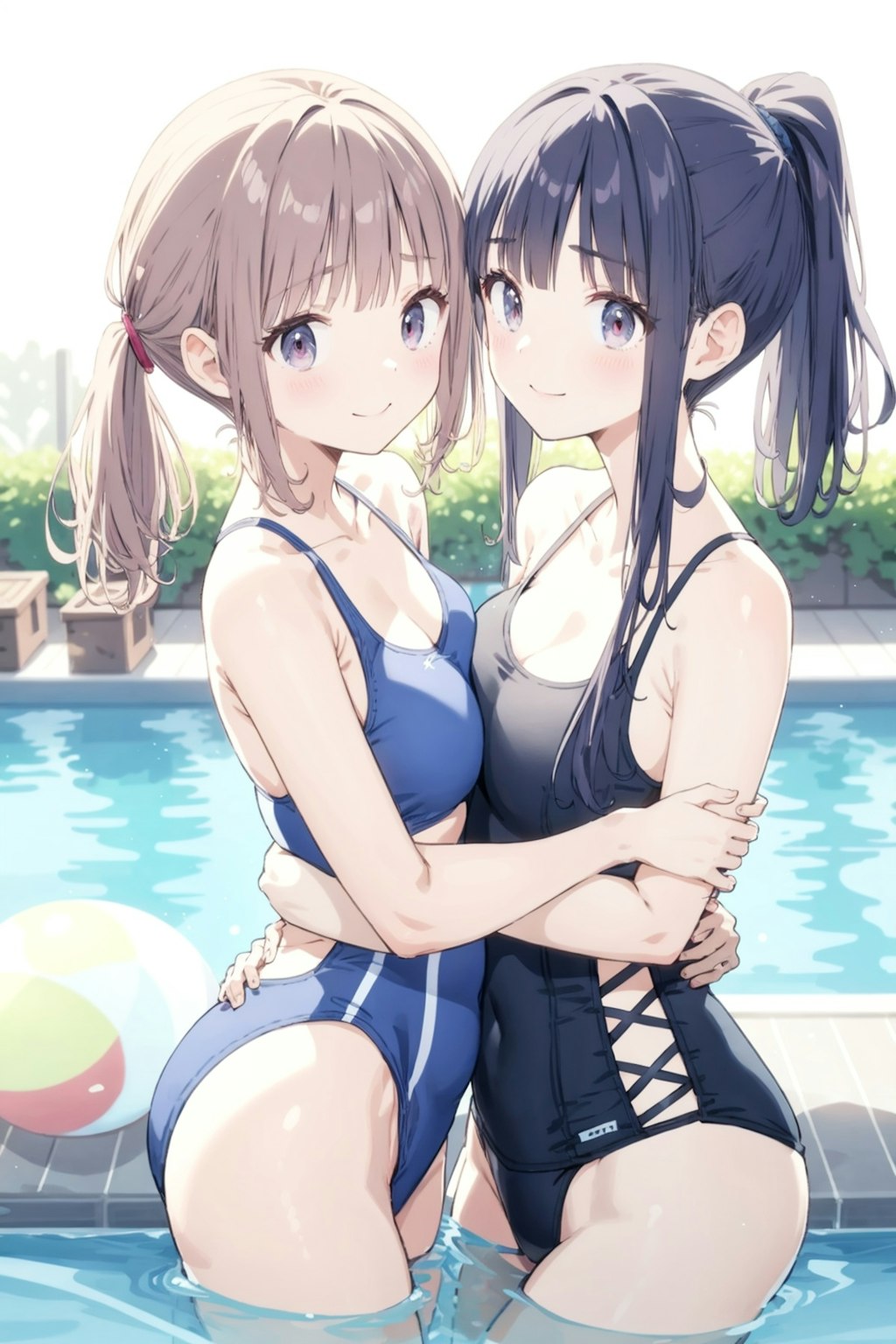 水着で抱き合うふたり(ちち合わせ)