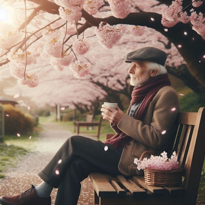 桜の花見をするお爺さん