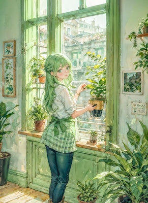 緑の窓辺の少女