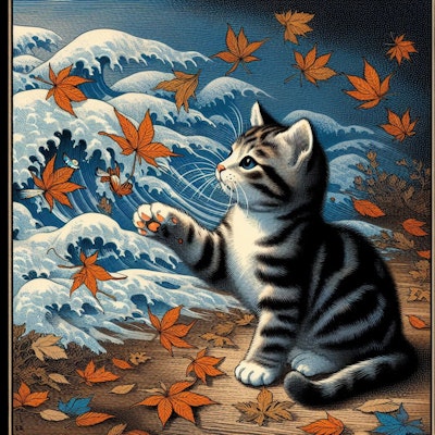 猫の子がちょいと押さえる木の葉かな　日本画・浮世絵風