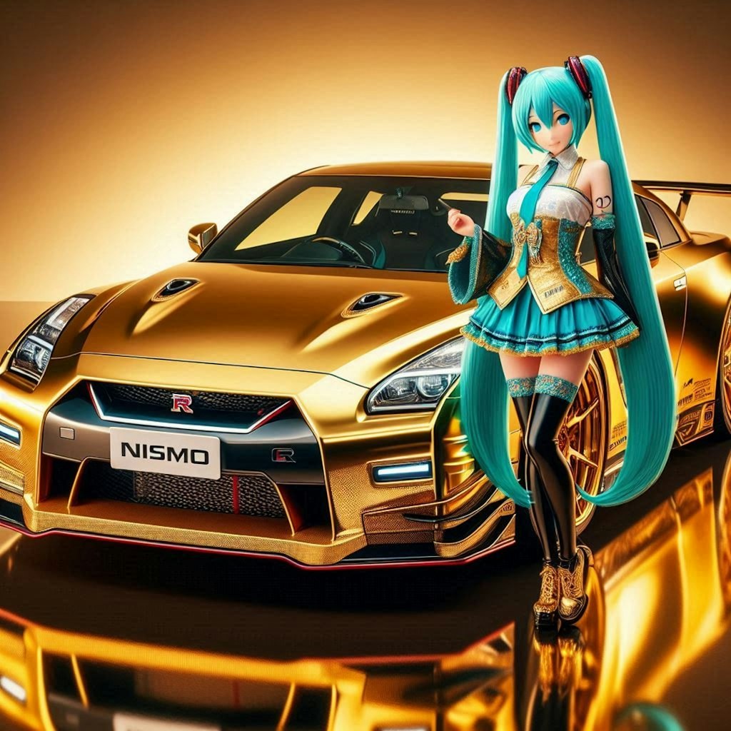 ゴールドカラー日産GT-Rと初音ミク