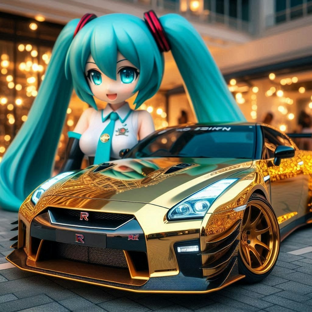 ゴールドカラー日産GT-Rと初音ミク