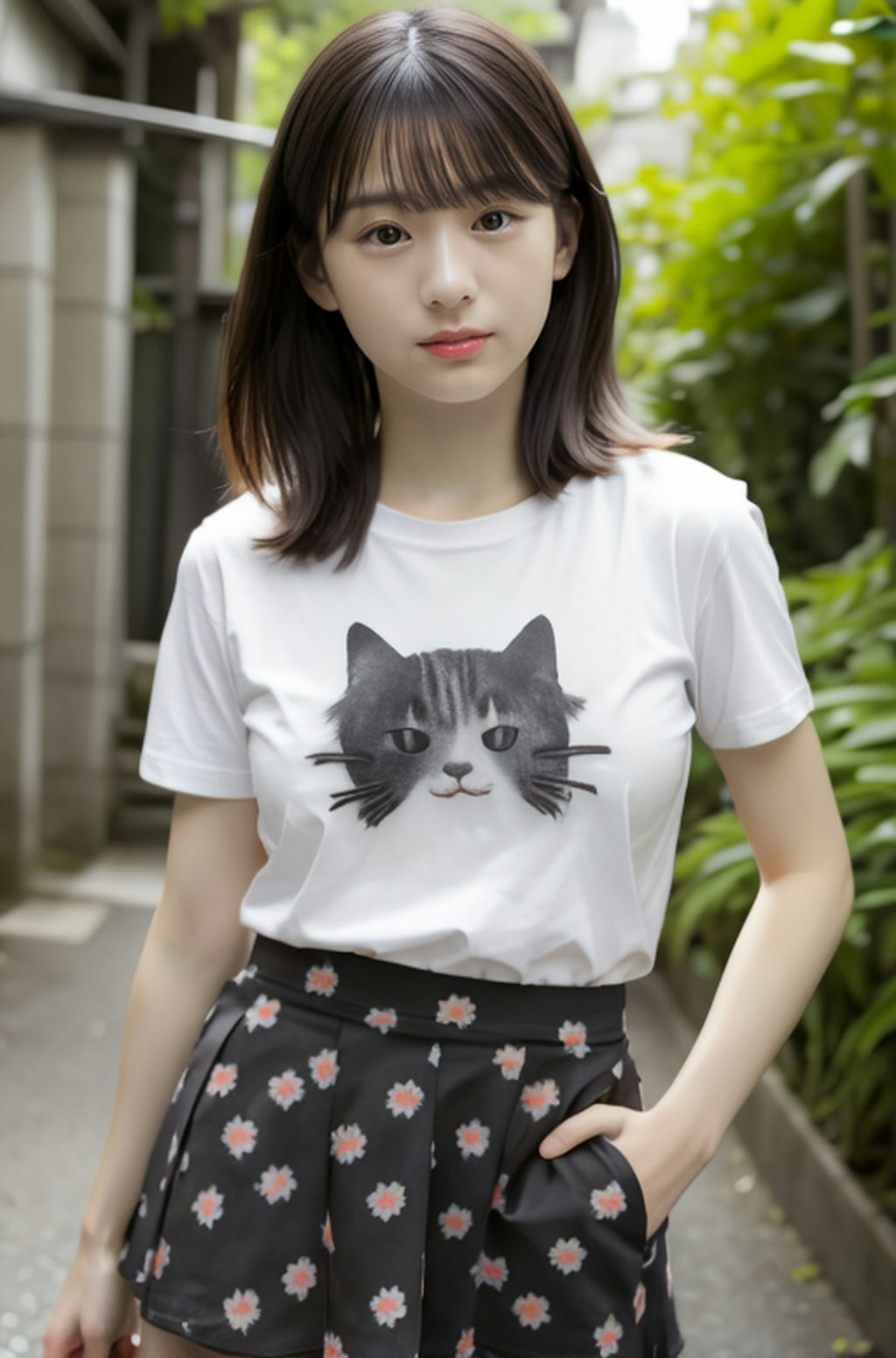 猫プリントTシャツ