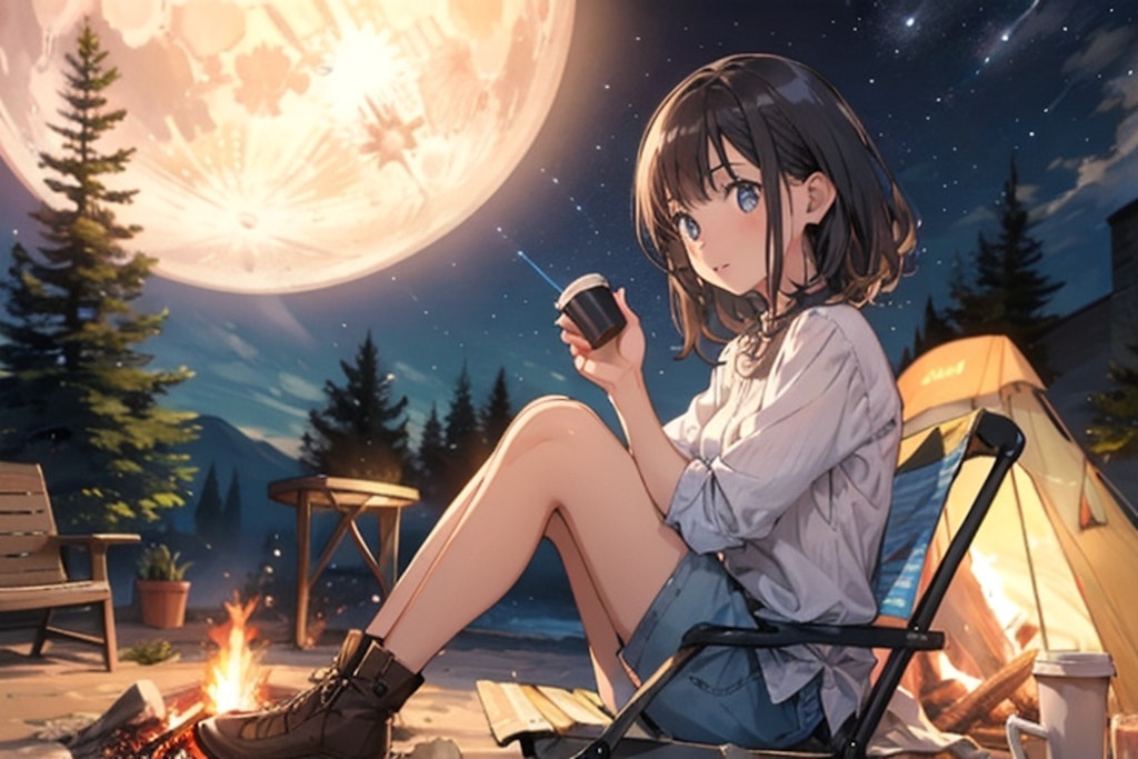 大きな月とソロキャン少女⛺️🌕️