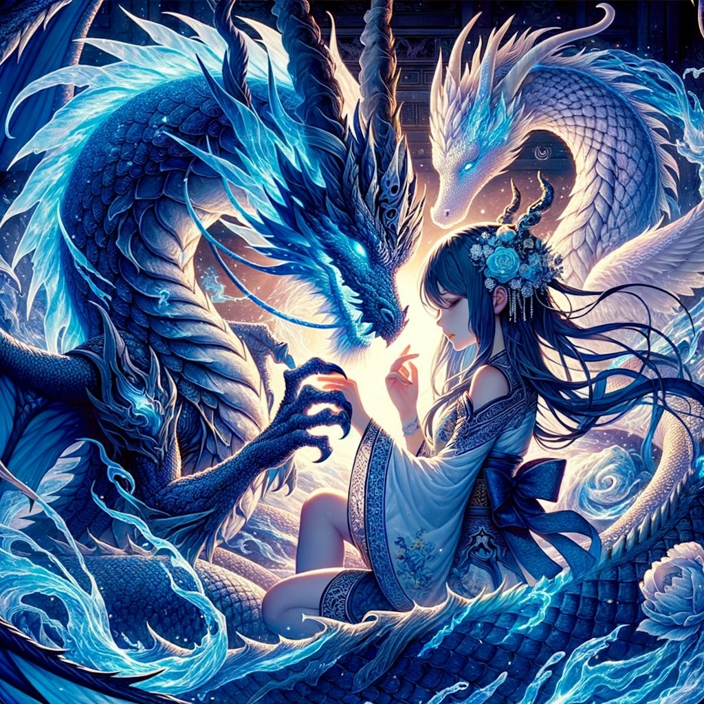 Blue dragon and woman